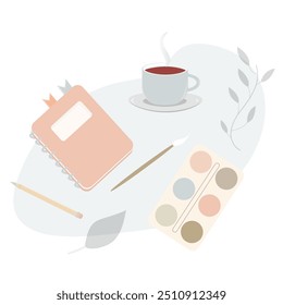 Set of stationery with a cup of tea or coffee. Collection of daily supplies on the table. Autumn still life. Vector illustration