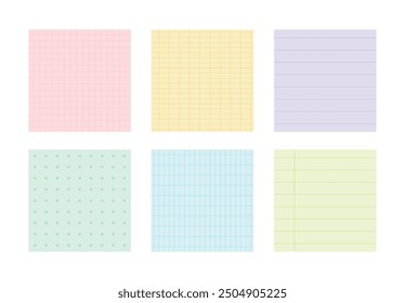 A set of stationery design template illustrations including square pastel-toned memos, notepads, notebooks, and stickers. Note formats include lined, dotted, blank, and grid patterns.