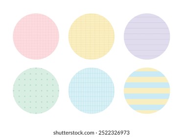 A set of stationery design template illustrations including circle pastel-toned memos, notepads, notebooks, and stickers. Note formats include lined, dotted, blank, and grid patterns.