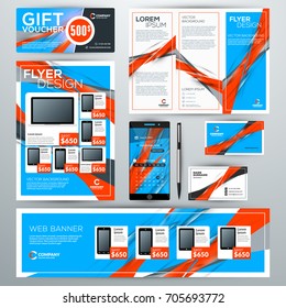 Set of stationery design templates. Corporate identity with abstract vector background. Web banner, flyer, booklet, gift voucher, business card, phone wallpaper