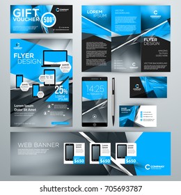 Set of stationery design templates. Corporate identity with abstract vector background. Web banner, flyer, booklet, gift voucher, business card, phone wallpaper