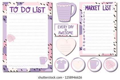 Set of stationery To Do and Market lists with added lovely stickers and reminders. Hand drawn elements and trendy lettering. Sweet pastel colors. EPS10 vector.