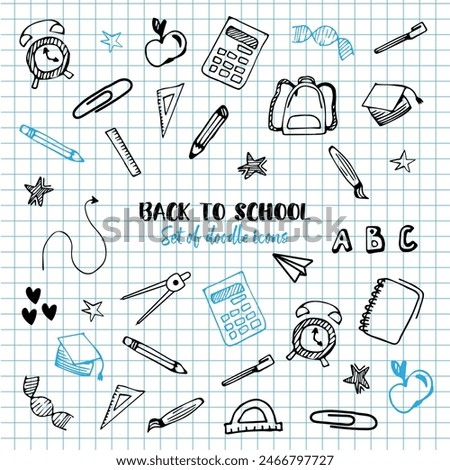 A set of stationery elements against the background of a piece of checkered notebook paper. Hand-drawn doodle style icons in black and blue colors. Elements for school shopping promotion banner design