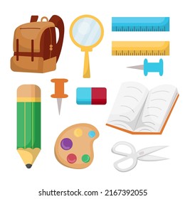 Set of Stationery elements for students or teachers. School education and knowledge objects, study and learning items set in cartoon style,  vector illustration.