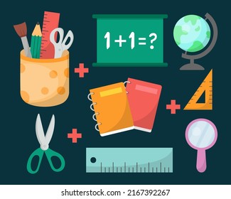 Set of Stationery elements for students or teachers. School education and knowledge objects, study and learning items set in cartoon style,  vector illustration. 