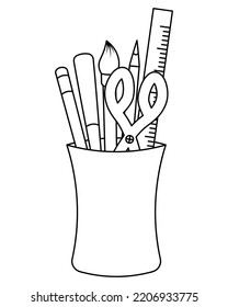 A set of stationery in a glass. Sketch. Scissors, pens, pencil. Vector illustration. Coloring book for children. Doodle style. Outline on isolated background. School theme. Illustration for web design