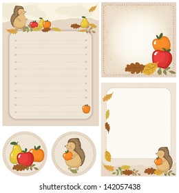 Set of stationery with hedgehog, apple, autumn leaves. Autumn, woodland scene.