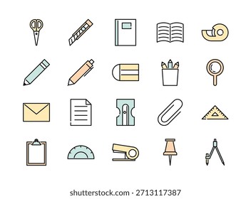 Conjunto de iconos de papelería, Ilustración vectorial de color