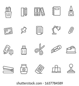 Set of stationery icons in simple thin line design such as scissors, pencil, tape, stapler and more isolated on white background 