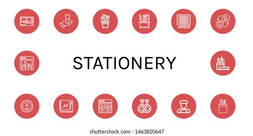 Set Of Stationery Icons Such As Sharpener, Tooth, Stationery, Pencil Case, Cutting Mat, Pen, Sketchbook, Portfolio, Rubber, Artist , Stationery