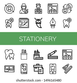 Set Of Stationery Icons Such As Tooth, Artist, Sketchbook, Portfolio, Pen Tool, Teeth, Sharpener, Stationery, Pencil Case, Paper Cutter, Glue , Stationery