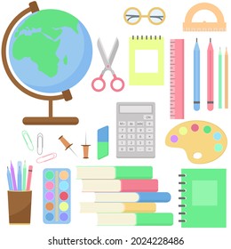 Set of stationery icons vector illustration. School collection book ruler pencil pen calculator scissors paint globe. Subjects for study and work. School and office supplies. Flat style.