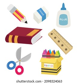 Set of stationery including pencil, eraser, glue bottle, book, ruler, scissors and box of crayons vector illustration isolated on white background. 