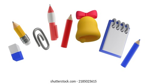 A set of stationery items for school and office. Vector modern 3d style