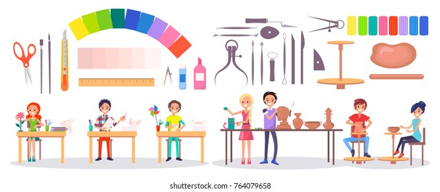 Set of stationery items, various instruments, art supplies and art school students isolated vector illustration on white. Young artists and their hobbies