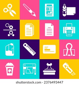 Set Stationery knife, Binder clip, Printer, News, File document, Paper roll of printing press, Scissors and  icon. Vector