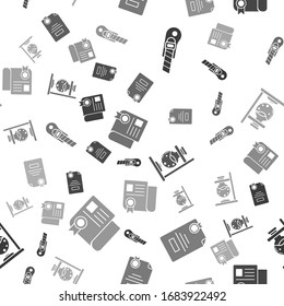 Set Stationery knife, Certificate template, Glass test tube flask on fire and Certificate template on seamless pattern. Vector