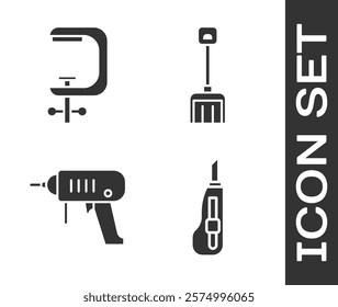 Set Stationery knife, Clamp and screw tool, Electric drill machine and Snow shovel icon. Vector