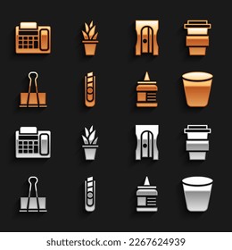 Set Stationery knife, Coffee cup to go, Trash can, Glue, Binder clip, Pencil sharpener, Telephone and Plant pot icon. Vector
