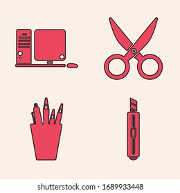 Set Stationery knife, Computer monitor with keyboard and mouse, Scissors and Pencil case stationery icon. Vector