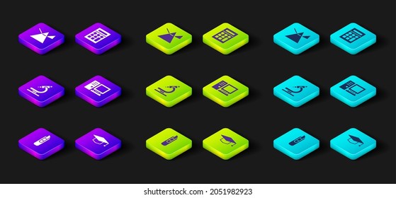 Set Stationery knife, Graduation cap, Microscope, Computer monitor, Calculator and Light rays in prism icon. Vector