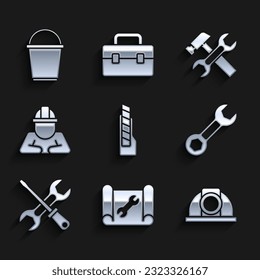 Set Stationery knife, Graphing paper and wrench, Worker safety helmet, Wrench spanner, Screwdriver, Builder, Hammer and Bucket icon. Vector