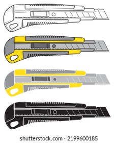 Conjunto de cuchillos de Stationery aislados en fondo blanco. Herramienta de reparación. ilustración vectorial