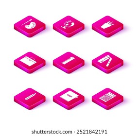 Set Stationery knife, Notebook, Briefcase, Ruler, Calculator, Office folders with papers and documents, Pencil stationery and Earth globe icon. Vector