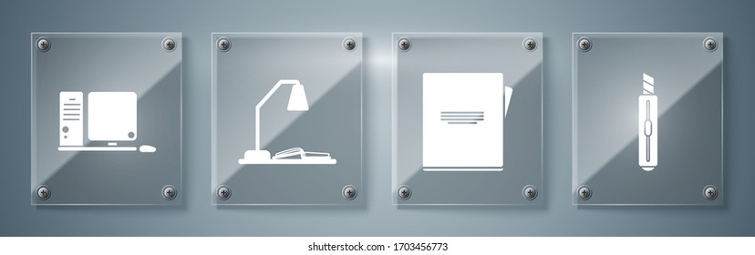 Coloque el cuchillo de diseño, el portátil, el lugar de trabajo con la lámpara de mesa y el monitor de ordenador y libro abierto con el teclado y el ratón. Paneles de vidrio cuadrado. Vector