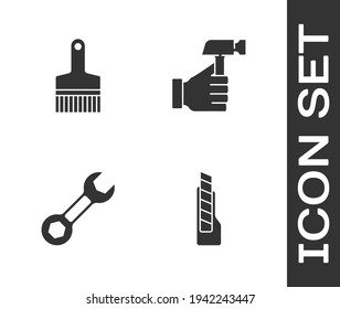 Set Stationery knife, Paint brush, Wrench spanner and Hammer icon. Vector