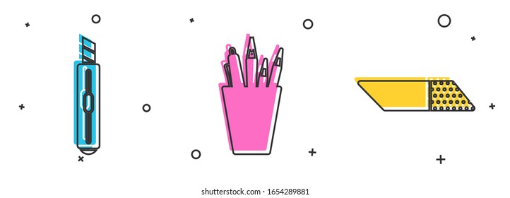 Set Stationery knife, Pencil case stationery and Eraser or rubber icon. Vector