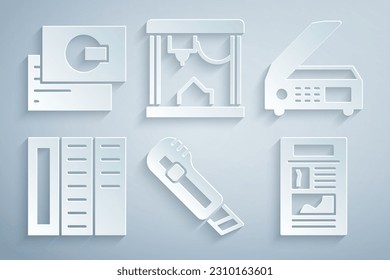 Set Stationery knife, Scanner, Brochure, News, 3D printer and Business card icon. Vector
