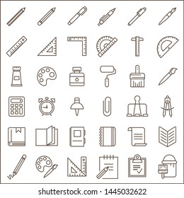 Set of stationery line icon set. Included the icons as pencil, paper clip, calculator,  notebook, draw and more
customize color, stroke width control , easy resize.