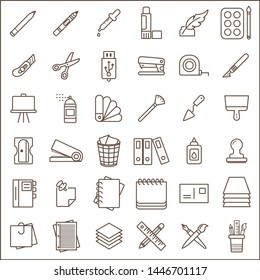 Set of stationery line icon set. Included the icons as color pencil, note, drawing stationery,  file folder, color swatch and more
customize color, stroke width control , easy resize.