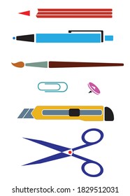 Conjunto de objetos estacionarios en color. Aislado en blanco. Ilustración del vector