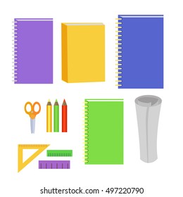 Set of stationery office elements. Note book, paper book, diary. Workplace tools marker, paper, pen, clip, pencil icons in flat design isolated on white background. Business work elements set. Vector