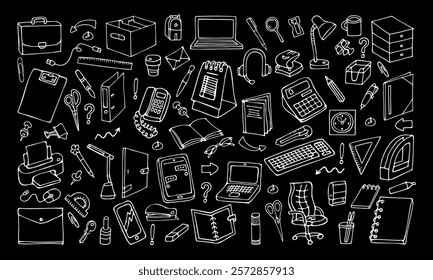 a set of stationery for office and school, hand-drawn in cartoon style on a black background.