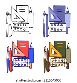 Set of stationery in the office or school for teaching and lessons with a pen and brush and paints and a ruler and notebooks