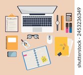 Set of stationery and office supplies in flat style. Laptop and mouse with top view. Office objects and business workflow items. Collection of everyday icons