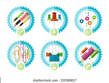 Set of stationery office tools: marker, paper clip, pen, clip, pencil icons in flat design isolated on white background