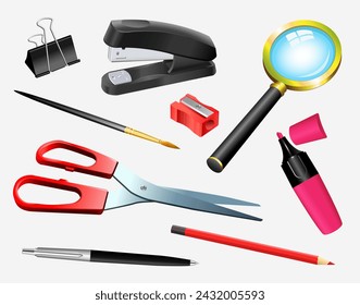 Set of stationery on a white background. School supplies. Items for creativity