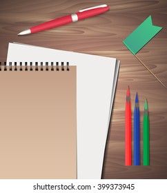 Set of stationery on wooden background. Vector elements separately from the background to your presentation, design projects and your creativity