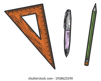 Un conjunto de papel, pluma, lápiz y color de regla triangular. Esbozar la imitación de tablero de arañazos.