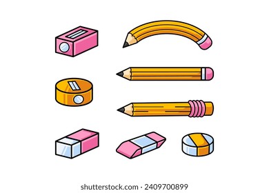 set of stationery with pencil, pencil shaving, eraser illustration vector for back school