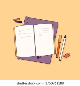 Set of stationery. Planner, notebook, notepad, pencil, pen, rubber for studying. Back to school concept. Vector illustration.