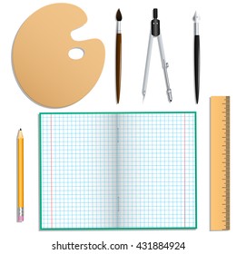 A set of stationery for school and creative work. Isolated objects. White background. Vector Image.