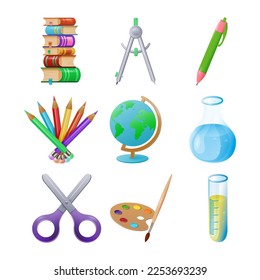 Set of stationery school items. School supplies: books, compasses, pen, pencils, globe, chemical flask and test tube, paint brush, scissors. Back to school. Vector illustration.