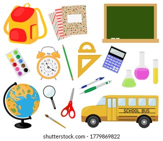 Set Stationery for school notebooks pencils pens paper clips eraser backpack globe calculator flasks alarm clock magnifier vector illustration