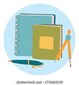 set of stationery for school and office from notebook, notebook, compass and pen, isolated object on a white background, vector illustration,