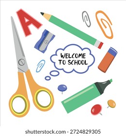  Um conjunto de artigos de papelaria para o trabalho escolar e de escritório: lápis, marcador, tesoura. Acessórios de mesa. Ilustração colorida em um plano de fundo branco em estilo plano. Ilustração vetorial